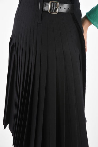 Front Pleated Midi Skirt with Buckle and Leather Details
