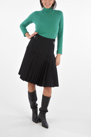 Front Pleated Midi Skirt with Buckle and Leather Details