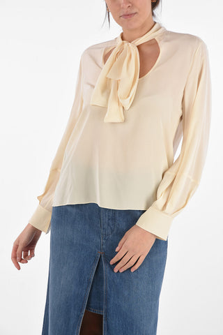 Tie Neck Silk Blouse with Long Lantern Sleeves