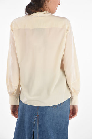 Tie Neck Silk Blouse with Long Lantern Sleeves