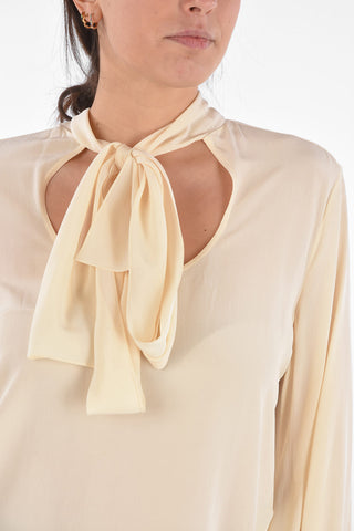 Tie Neck Silk Blouse with Long Lantern Sleeves