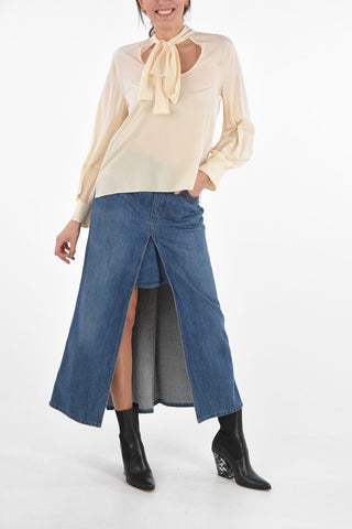 Tie Neck Silk Blouse with Long Lantern Sleeves