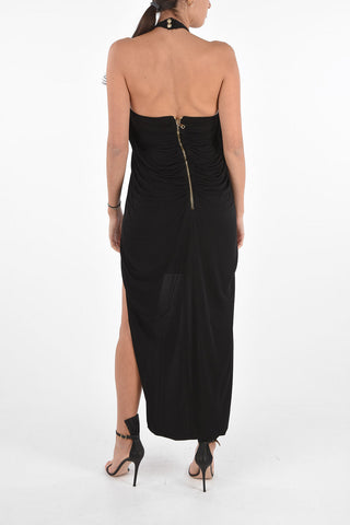 Asymmetric Halter Evening Dress with Paillettes Front Part