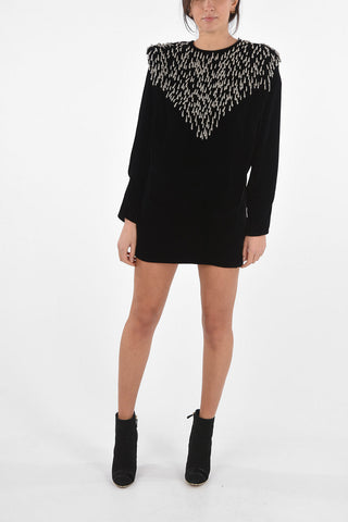 Crew Neck Velvet Minidress with Metal Beads