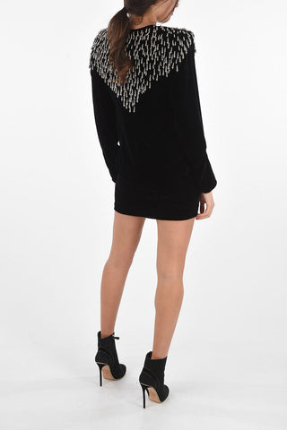 Crew Neck Velvet Minidress with Metal Beads
