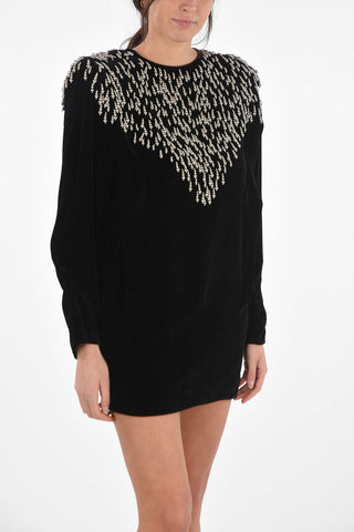 Crew Neck Velvet Minidress with Metal Beads
