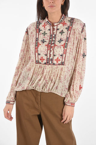 Tuxedo Floral Patterned Blouse with Embroideries and Waist Drawstring
