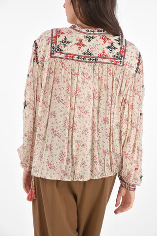 Tuxedo Floral Patterned Blouse with Embroideries and Waist Drawstring