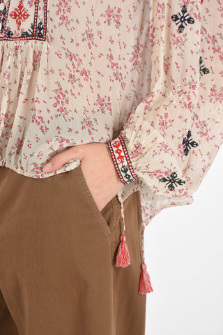Tuxedo Floral Patterned Blouse with Embroideries and Waist Drawstring