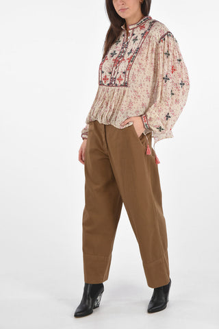Tuxedo Floral Patterned Blouse with Embroideries and Waist Drawstring
