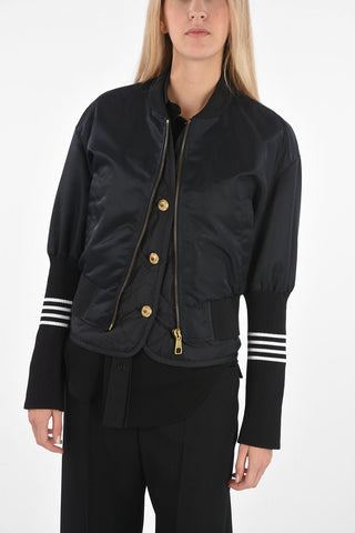 Quilted Bomber Jacket with Jewel Buttons and Knitted Sleeves