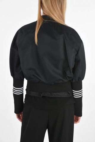 Quilted Bomber Jacket with Jewel Buttons and Knitted Sleeves