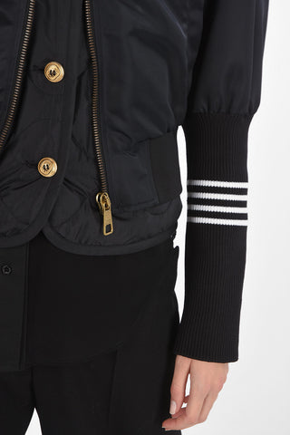 Quilted Bomber Jacket with Jewel Buttons and Knitted Sleeves