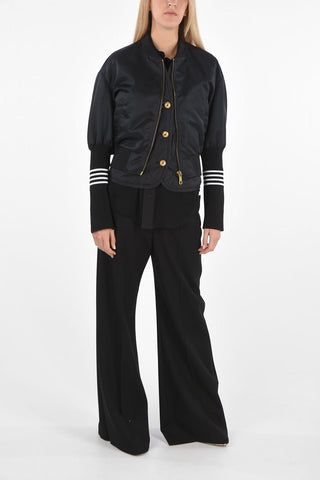 Quilted Bomber Jacket with Jewel Buttons and Knitted Sleeves