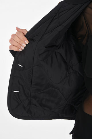 Quilted Bomber Jacket with Jewel Buttons and Knitted Sleeves