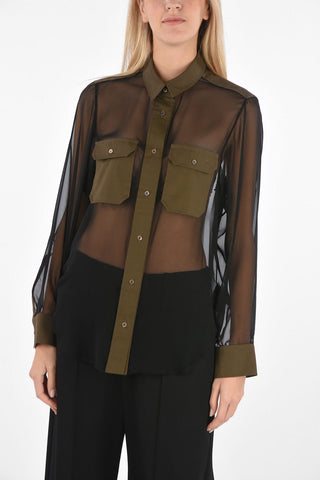 Camicia in Chiffon con Tasche Polsini e Colletto in Tessuto