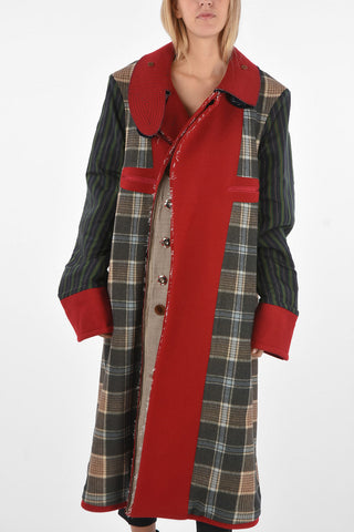 Double-Breasted Patchwork-Effect Coat with Hidden Buttoning