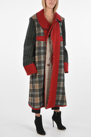 Double-Breasted Patchwork-Effect Coat with Hidden Buttoning