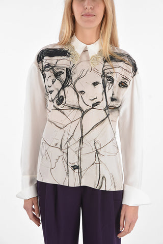 Blusa in Seta Stampata con Dettagli Ricamati e Perline