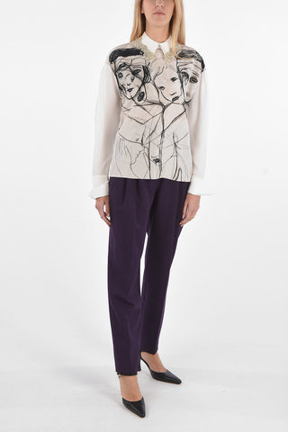 Blusa in Seta Stampata con Dettagli Ricamati e Perline