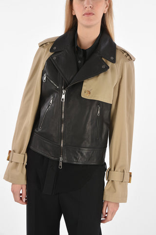 Giacca Biker Bicolore in Pelle con Maniche e Inserti in Tessuto