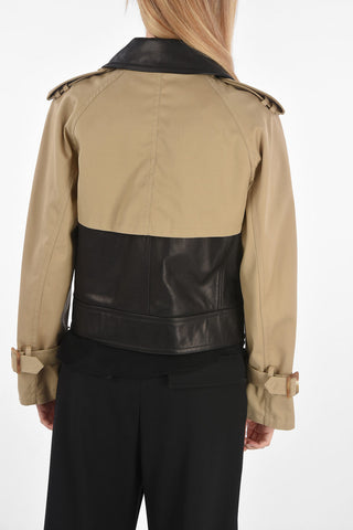 Giacca Biker Bicolore in Pelle con Maniche e Inserti in Tessuto