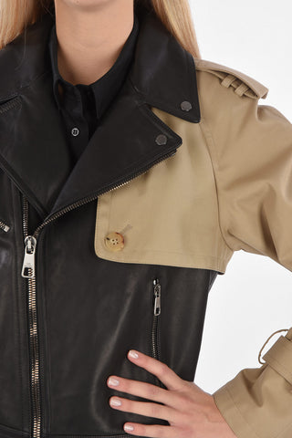 Giacca Biker Bicolore in Pelle con Maniche e Inserti in Tessuto