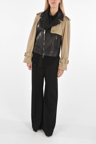 Giacca Biker Bicolore in Pelle con Maniche e Inserti in Tessuto