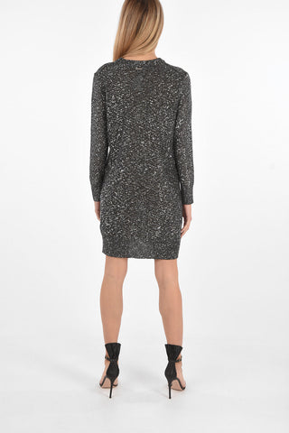 Crew Neck Long-sleeved Dress with All-Over Lurex and Paillettes