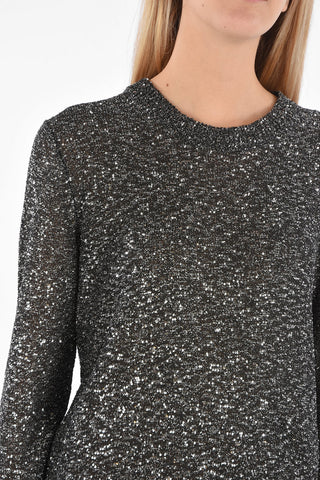 Crew Neck Long-sleeved Dress with All-Over Lurex and Paillettes