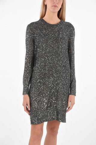 Crew Neck Long-sleeved Dress with All-Over Lurex and Paillettes