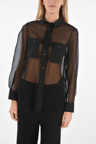 Camicia in Chiffon con Tasche Polsini e Colletto in Tessuto