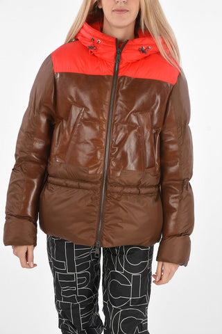 Two Tone Hooded Padded Jacket with Leather Inserts