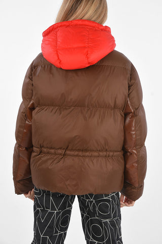 Two Tone Hooded Padded Jacket with Leather Inserts
