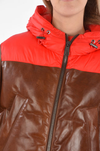 Two Tone Hooded Padded Jacket with Leather Inserts