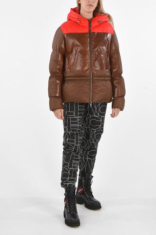 Two Tone Hooded Padded Jacket with Leather Inserts