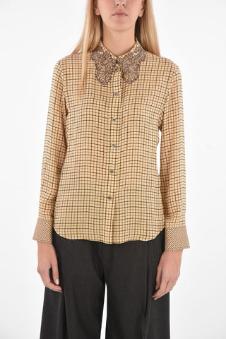 Tattersal Silk Blouse with Embroidered Neck