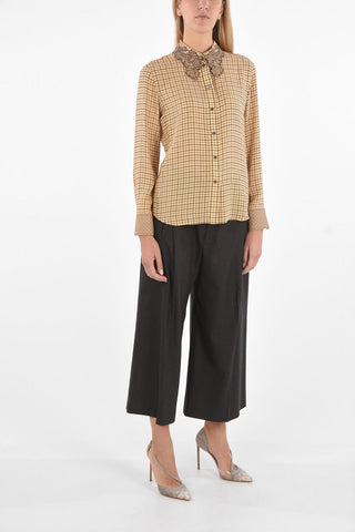 Tattersal Silk Blouse with Embroidered Neck