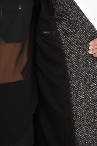 3 Buttons Plain Herringbone Coat with Knitted Sleeves