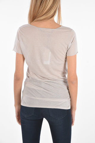 t-shirt scollo a v con elastico sul fondo