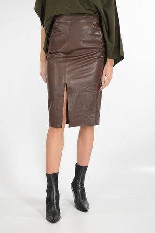 leather below knee pencil skirt with Side Decentralised Split