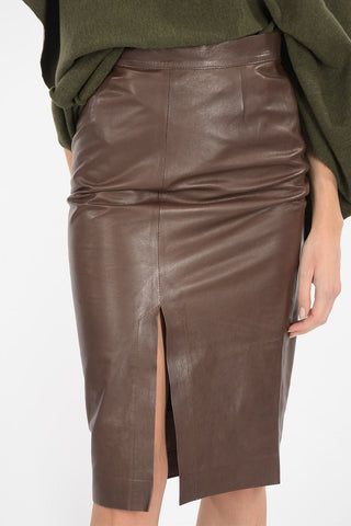 leather below knee pencil skirt with Side Decentralised Split