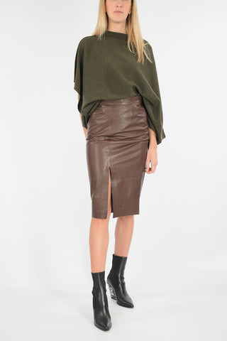 leather below knee pencil skirt with Side Decentralised Split