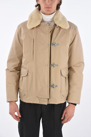 frog closure outerwear jacket with eco fur detail