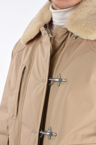 frog closure outerwear jacket with eco fur detail