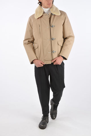 frog closure outerwear jacket with eco fur detail
