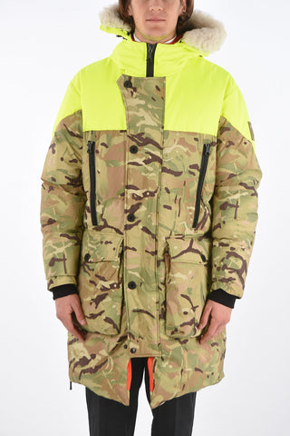 real fur details camouflage down jacket with fluo details