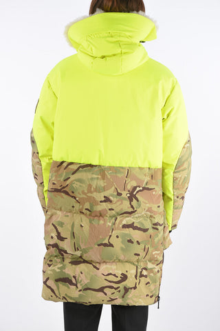real fur details camouflage down jacket with fluo details