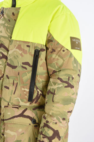 real fur details camouflage down jacket with fluo details