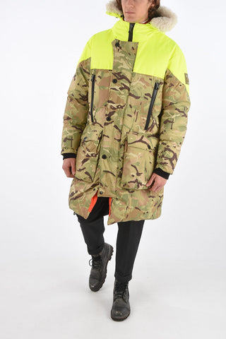 real fur details camouflage down jacket with fluo details